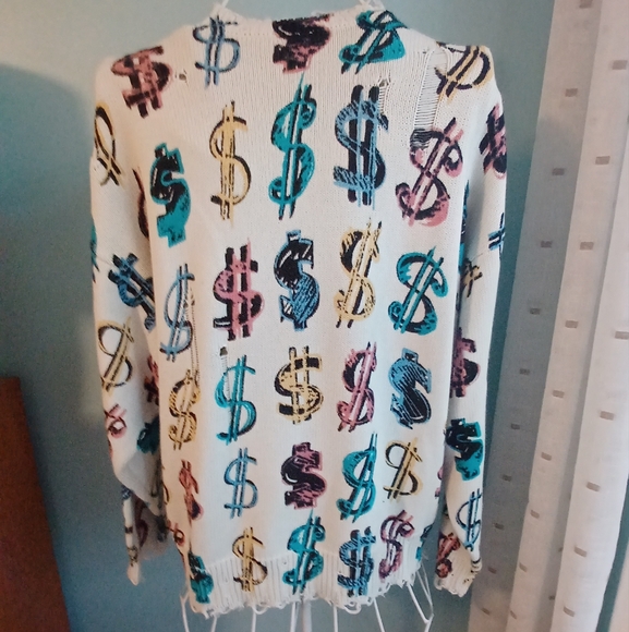 EUC R13 Distressed Cotton Dollar Sign Motif Long Sleeve Sweater - Picture 3 of 7